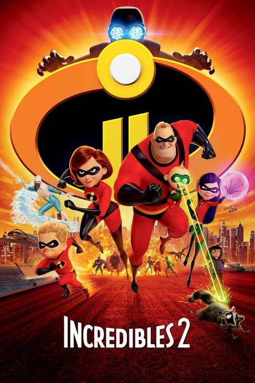 The vibrant red and yellow hues of the poster evoke excitement and adventure. Incredibles 2 features a dynamic lineup of superheroes, including Mr. Incredible, Jack-Jack, and the Elastigirl, all poised for action. The glowing eyes of the robot and the energetic poses of the humans create a sense ...