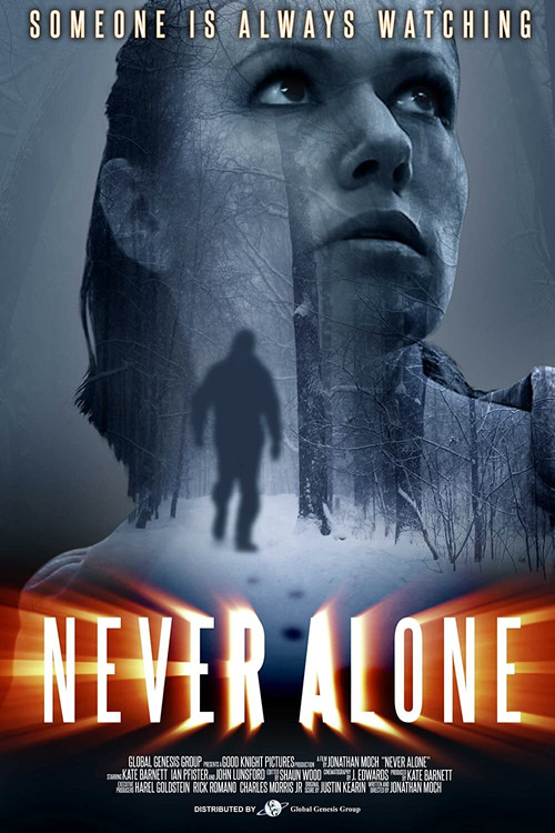 The poster features a hauntingly beautiful image of a woman's face, her eyes wide with fear, set against a dark, stormy sky. A silhouette of a lone figure walks away from her, adding to the eerie atmosphere. The title "Never Alone" glows in fiery orange, contrasting sharply with the cool blues an...