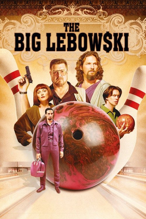 The poster features a group of characters in a bowling alley setting, with a large red bowling ball dominating the foreground. The warm, golden hues create a nostalgic and slightly humorous atmosphere. The characters are dressed casually, adding to the laid-back vibe. The title "The Big Lebowski"...