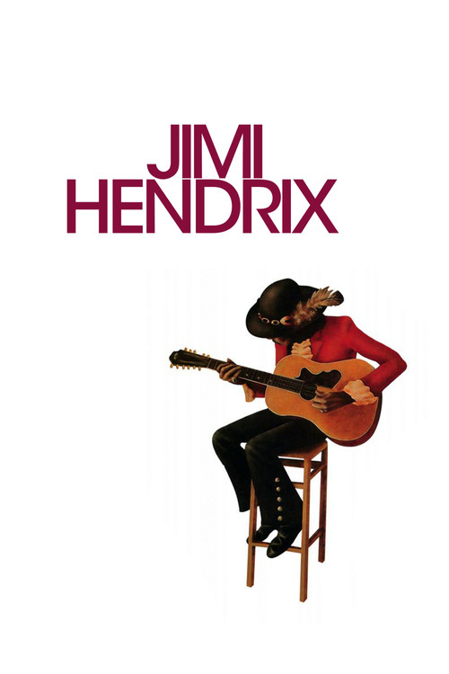 The poster features Jimi Hendrix in a vibrant red shirt and black hat, passionately playing an acoustic guitar on a wooden stool. The bold, maroon typography contrasts with the warm tones of the image, evoking a soulful and nostalgic mood.