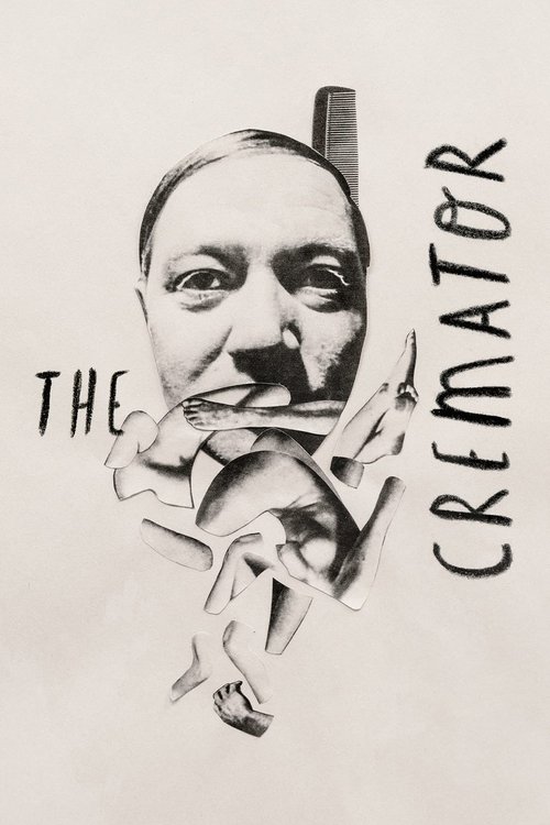 The poster features a stylized, fragmented portrait of a man with a cigarette in his mouth, surrounded by swirling, abstract shapes in black and white. The title "THE CREMATOR" is written vertically on the right side. The mood is mysterious and unsettling, evoking themes of destruction and horror.