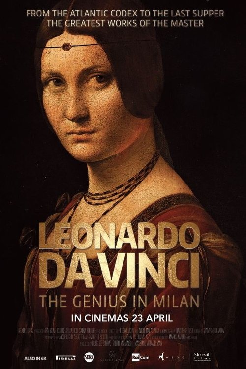 The poster features a classical portrait of Leonardo da Vinci against a dark, moody background. The warm tones of his attire contrast with the deep shadows, evoking mystery and historical intrigue. The text highlights his status as a genius, promising an immersive cinematic experience.