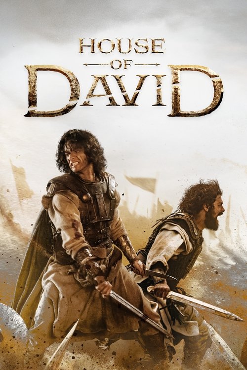 The poster features two men in rugged, earthy tones against a dusty, golden backdrop. The title "House of David" dominates the top with bold, metallic lettering. The mood is adventurous and historical, capturing the essence of ancient warriors in a dramatic, sunlit landscape.