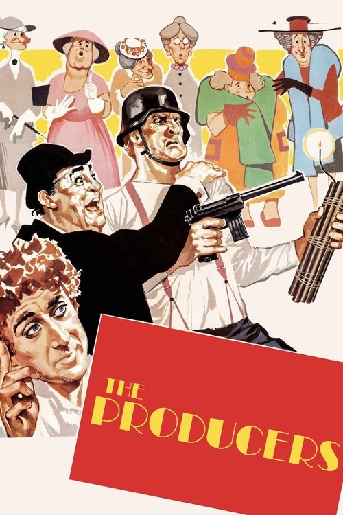 This vibrant poster features a dynamic scene with actors in colorful costumes, exuding excitement and drama. The bold red background with the title "The Producers" in gold adds a striking visual impact. The overall mood is energetic and theatrical, capturing the essence of the film's action-packe...