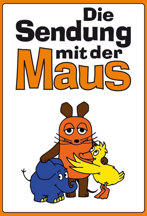 This cartoon poster features a cheerful orange mouse holding a small yellow chick, with a blue elephant nearby. The playful, friendly mood is conveyed through bright colors and whimsical characters.