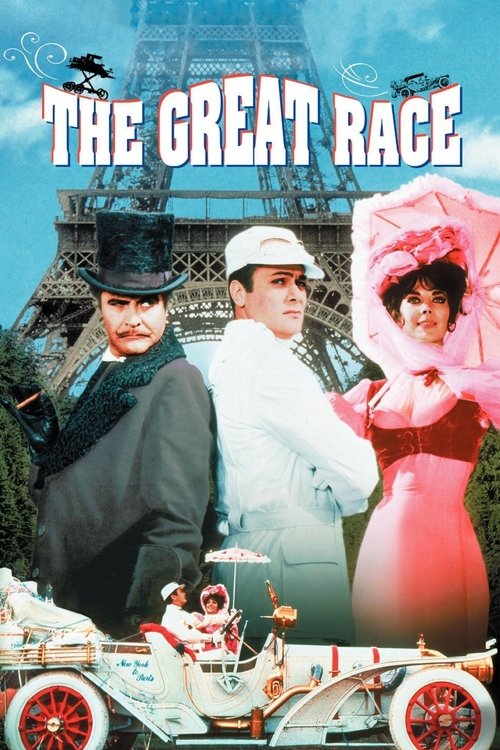 This vintage movie poster features three elegantly dressed characters in period attire against the iconic Eiffel Tower backdrop. The scene captures a classic 1930s racing atmosphere with a mix of formal wear and playful costumes, evoking a sense of excitement and nostalgia.