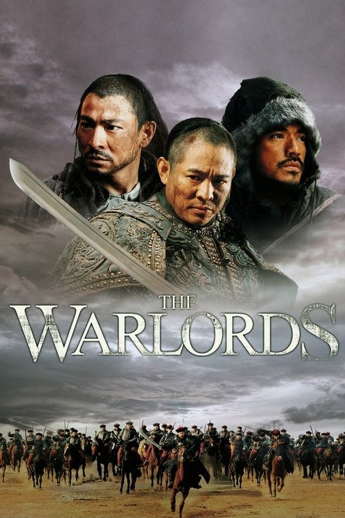 The poster features three men in medieval armor, with one prominently holding a sword. The colors are muted earth tones, blending into a dramatic sky. The mood is tense and epic, suggesting a historical warlord drama.