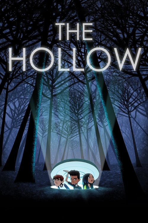 The poster features three children standing in a dark, eerie forest at night. A glowing blue light emanates from the ground, casting a mysterious glow on the trees and illuminating the children. The title "THE HOLLOW" is prominently displayed at the top in bold, white letters. The overall mood is...