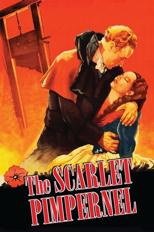 The poster depicts a dramatic scene with a woman in a red dress embracing a man in a black coat, set against a fiery orange background. The title "The Scarlet Pimpernel" is prominently displayed in bold red letters at the bottom. The mood is intense and romantic, capturing the essence of a classi...