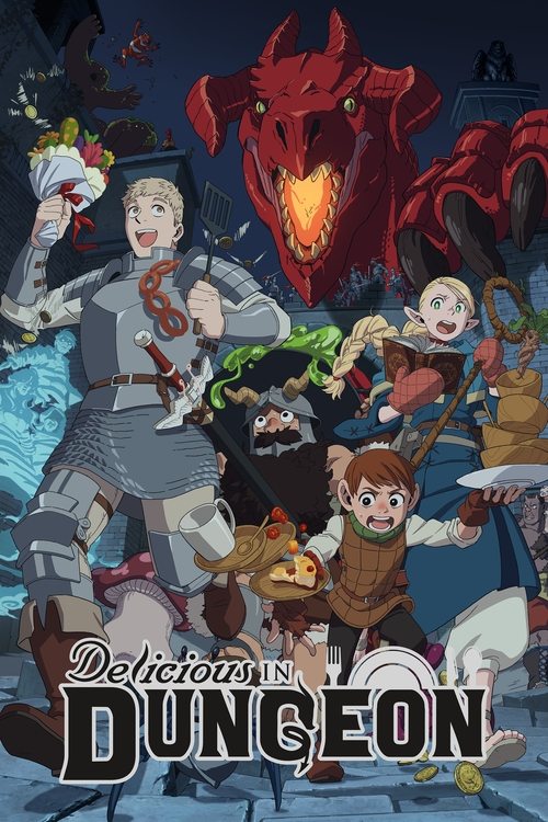 This vibrant anime poster showcases a lively fantasy scene with diverse characters in medieval-style armor, including a central knight, a red dragon, and various magical creatures. The warm colors and dynamic composition evoke a sense of adventure and excitement, capturing the essence of a thrill...