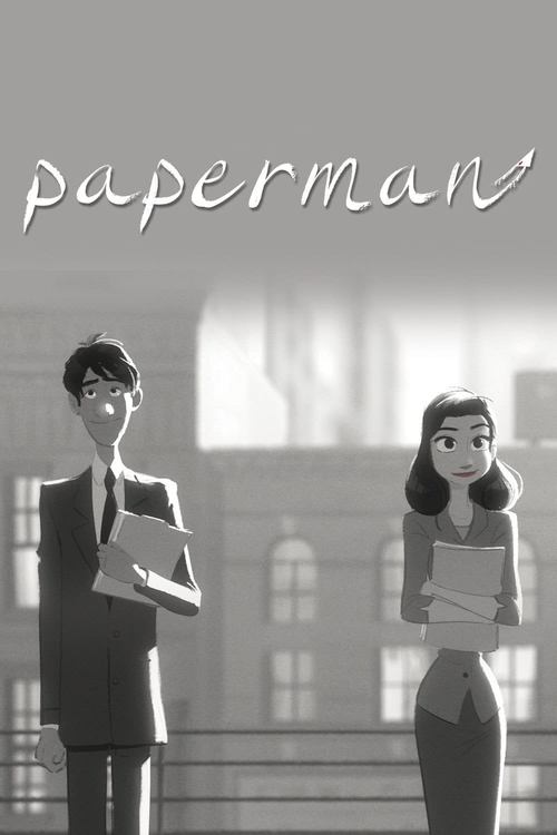 The poster features a black-and-white illustration of two characters in professional attire against a blurred cityscape. The title "paperman" is elegantly written in lowercase letters at the top, conveying a sense of understated professionalism and artistic simplicity.