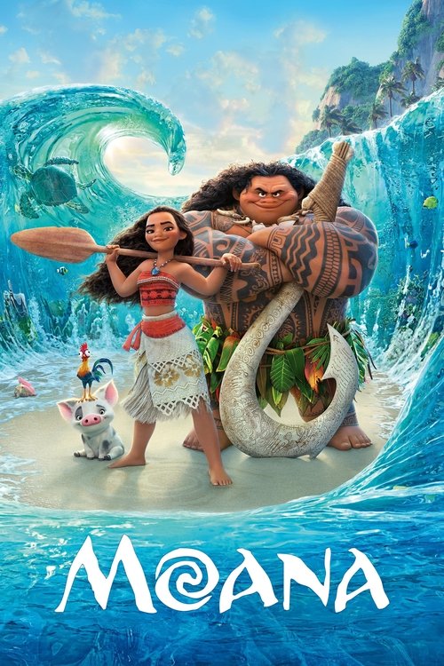 The poster features Moana, Maui, and his mother, with a vibrant turquoise ocean wave crashing behind them. The characters exude a sense of adventure and joy, set against a bright blue sky with distant mountains. The title "Moana" is prominently displayed at the bottom in bold white letters, captu...