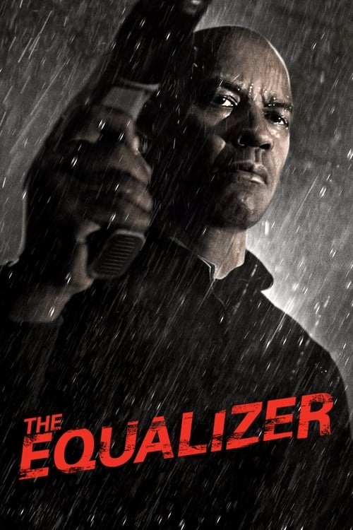 The poster features a muscular man in a black shirt holding a gun, set against a rainy, gritty backdrop. The bold red title "THE EQUALIZER" stands out, conveying a sense of action and tension.