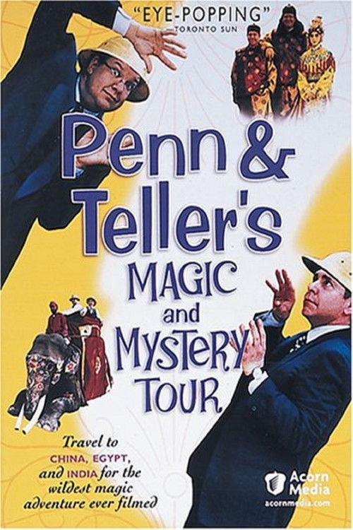 This vibrant poster features Penn & Teller in dynamic poses against a bright yellow background, exuding theatrical energy. The playful, colorful design captures the whimsical spirit of the show, inviting viewers into a magical world of fun and mystery.