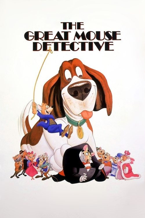 The poster features a large, expressive dog with a cheerful expression, surrounded by smaller characters in colorful outfits. The warm orange and white tones create a playful and inviting atmosphere, suggesting a fun and adventurous story.