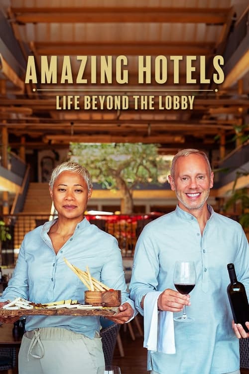 The poster features two smiling hotel staff members in light blue shirts, holding drinks and a tray, exuding a warm, inviting atmosphere. The background suggests an outdoor setting with wooden beams and greenery, enhancing the relaxed, upscale vibe of the show.