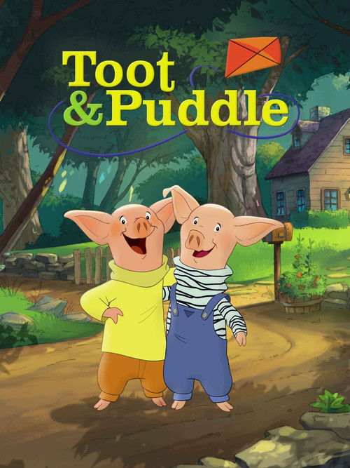 Toot and Puddle stand joyfully on a dirt path, their bright yellow and blue outfits contrasting against the green forest backdrop. The cheerful mood is enhanced by the warm sunlight and inviting surroundings, capturing the essence of a friendly cartoon adventure.
