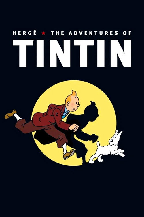 This poster features Tintin in a dynamic pose against a vibrant yellow background, with his friends and companions visible around him. The bold white text and playful illustration convey the adventurous spirit of the classic comic series.