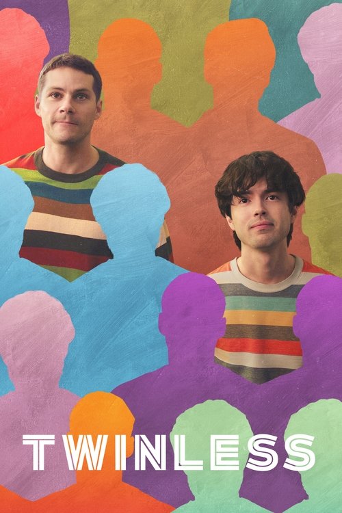 The poster features two men in colorful, overlapping silhouettes against a vibrant background, evoking a playful, nostalgic atmosphere. The bold text "TWINLESS" anchors the image, suggesting themes of connection and shared experiences.