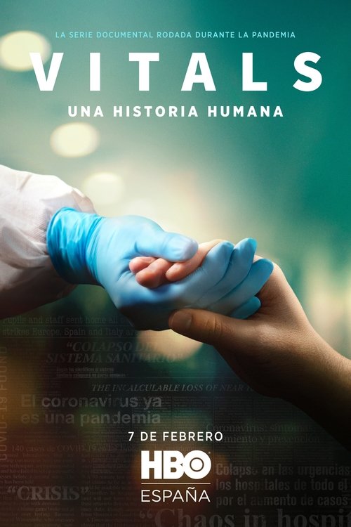 The poster features two gloved hands clasping, symbolizing care and medical support. The warm, soft lighting and gentle colors evoke a sense of hope and healing. The title "Vitals" is prominently displayed, suggesting the importance of monitoring human health.