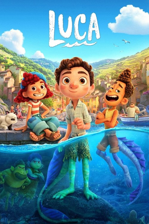 Luca's vibrant underwater world features three colorful characters: a mermaid with red hair, a boy with brown hair, and a man in a swimsuit. The scene is bright and cheerful, capturing a magical underwater adventure with lush greenery and clear blue waters.