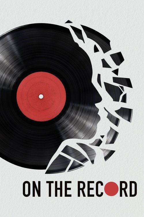 The poster features a shattered vinyl record forming the silhouette of a person's face, evoking a sense of fractured identity. The red center of the record contrasts with the black vinyl, creating a striking visual. The title "On the Record" appears at the bottom, suggesting themes of authenticit...