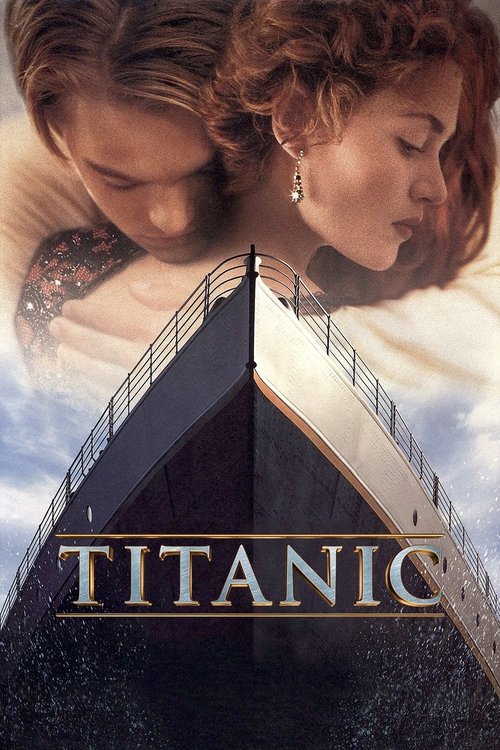 The poster features a tender moment between two lovers on a ship, with dramatic lighting and rich colors evoking romance and tragedy. The title "Titanic" glows in gold lettering against the dark water, capturing the film's emotional depth and historical significance.