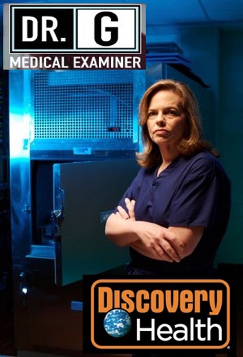 The poster features a confident medical examiner with arms crossed, standing in a dimly lit examination room. Blue and black tones create a serious, professional mood, emphasizing the gravity of the profession. The Discovery Health logo at the bottom reinforces the show's branding.