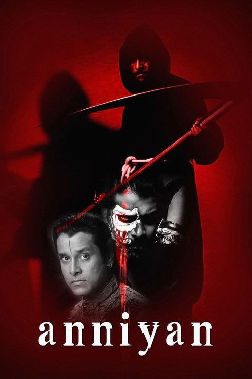 The poster features a menacing figure in a black hooded cloak wielding a red-bladed weapon, with a distressed man in the foreground. The intense red background and dark tones create a chilling, suspenseful atmosphere, hinting at a horror or thriller genre.