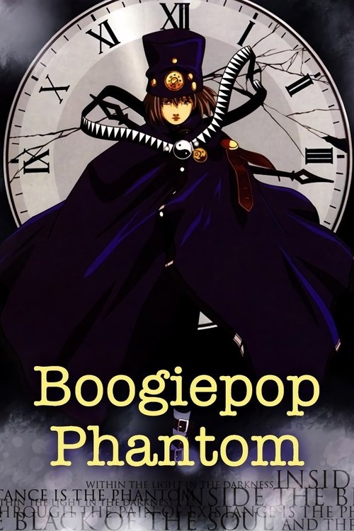 The poster features a mysterious figure in a dark purple cloak, holding a clock with Roman numerals, creating a spooky atmosphere. The dark purple color scheme and the clock add to the eerie mood, while the golden text "Boogiepop Phantom" stands out against the dark background.