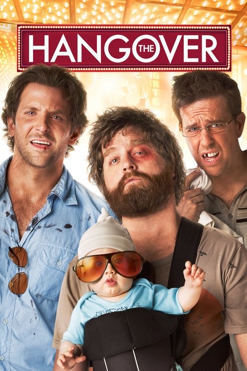 The poster features three men in a comedic pose, with one man holding a baby wearing sunglasses. The warm orange and yellow tones create a playful, nostalgic atmosphere, while the red "THE HANGOVER" title adds a bold, humorous touch.