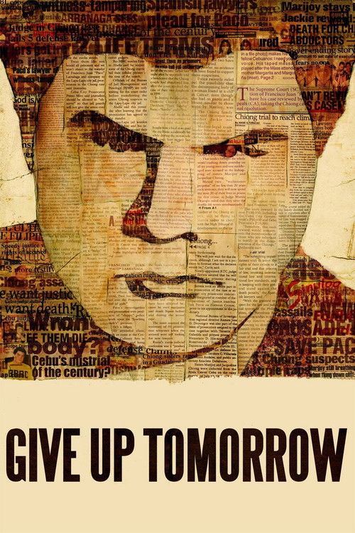 The poster features a stylized, collage-style portrait of a person's face, rendered in muted tones of beige and brown. The background is filled with fragmented text, evoking a sense of fragmented memories or a chaotic past. The mood is somber and reflective, with the bold, black text "GIVE UP TOM...