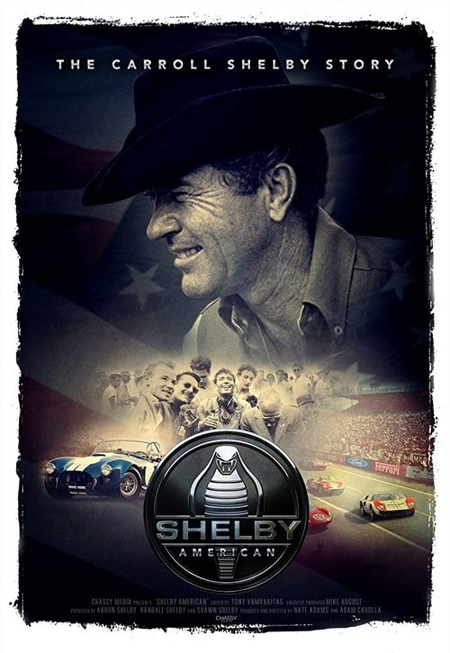 The poster features a close-up of Carroll Shelby's face, exuding confidence and strength. Below him, a vibrant scene of a racetrack with colorful cars and spectators adds energy. The dark, moody background contrasts with the bright colors, creating a dramatic and inspiring atmosphere.