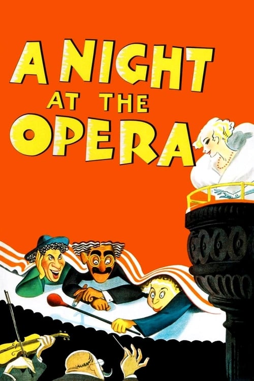 The poster features a vibrant orange background with bold yellow text. Below, animated characters in period costumes appear to be dancing or performing on stage, surrounded by dramatic lighting. The mood is lively and theatrical, capturing the essence of a classic opera performance.