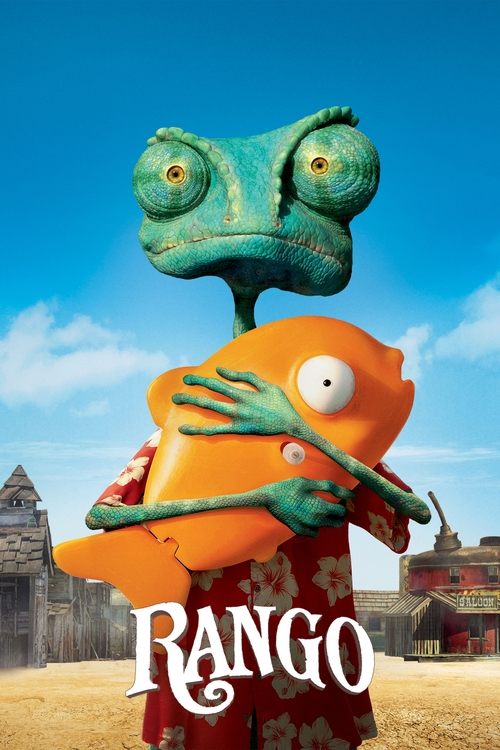 This vibrant movie poster for "Rango" features a green chameleon with expressive eyes, holding a large orange fish. The background showcases a sunny beach scene with sandy dunes and ancient stone structures, evoking a playful yet adventurous mood.