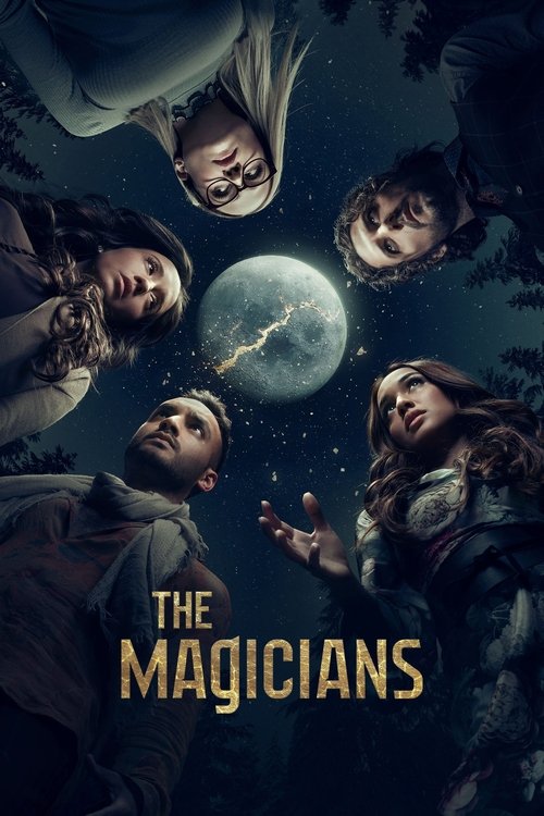 This dark poster features five mysterious figures against a starry night sky, with a glowing moon and eerie forest backdrop. The golden title "The Magicians" stands out against the moody, mysterious atmosphere, evoking suspense and magic.