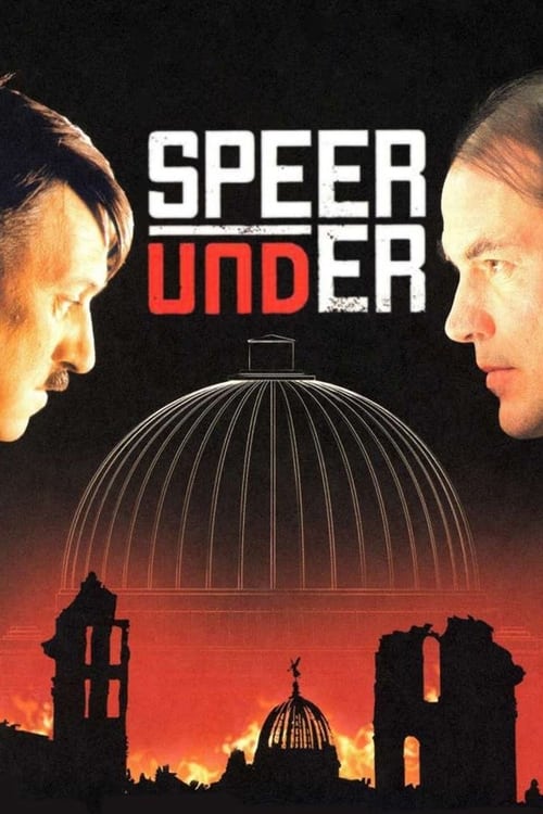 The poster features a dramatic split between two men's faces, one on the left and the other on the right, set against a fiery sunset backdrop. The title "Speer & Hitler" is prominently displayed in bold, contrasting colors. A large, ominous dome looms in the center, symbolizing the threat of Nazi...