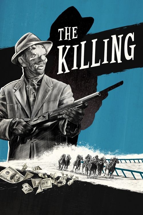 The poster features a stern man in a fedora holding a rifle, set against a blue background. Below him, soldiers march along a road, with money scattered on the ground. The mood is serious and ominous, reflecting the film's themes of violence and crime.
