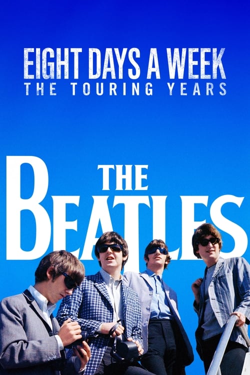 The Beatles' iconic poster features four band members in a vibrant blue background, exuding a nostalgic and timeless mood. The bold typography and classic aesthetic evoke the era's golden age, capturing the essence of the band's legendary tour.