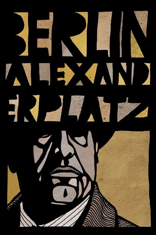 The poster features a stylized, black-and-white illustration of a man with a somber expression, evoking the melancholic mood of the story. The bold, fragmented text "BERLIN ALEXANDR EPLAZ" in yellow and black creates a striking visual contrast against the sepia-toned background. The composition s...