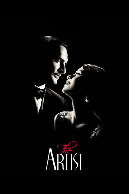 The poster features a dramatic silhouette of a man and woman in a romantic embrace against a pitch-black background. The title "The Artist" is elegantly written in white and red, evoking an artistic and mysterious atmosphere.