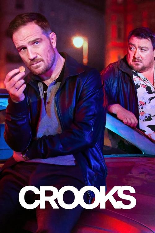 The poster features two men in a dimly lit, atmospheric setting with dramatic red and blue lighting. One man in a dark jacket holds a small object, while the other looks on with a serious expression. The bold white text "CROOKS" anchors the image, suggesting a gritty, urban drama.