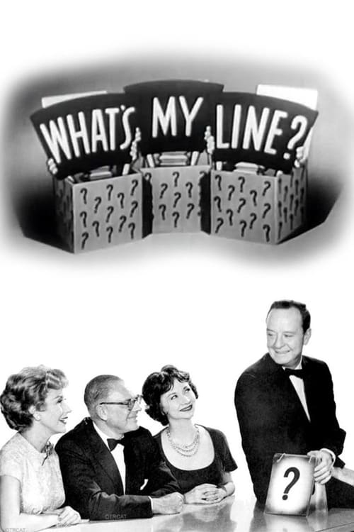The poster features three women and one man in formal attire, seated at a table with a question mark on a card. The mood is humorous and engaging, capturing the essence of the show's playful tone. The black and white design adds a timeless feel, emphasizing the classic nature of the show.