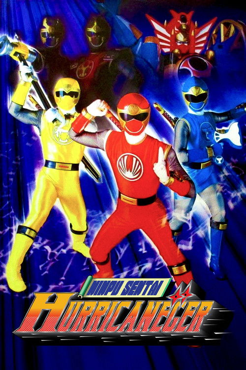 This vibrant poster features four Power Rangers in dynamic poses against a stormy blue background, with the title "Ninpuu Sentai Hurricaneger" prominently displayed at the bottom. The energetic and heroic mood captures the adventurous spirit of the series.