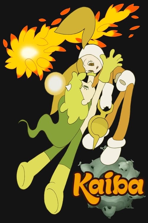 The poster features a vibrant, animated character in a dynamic pose against a fiery background. The character wears a white outfit with green accents, holding a golden trophy. The word "Kaiba" is prominently displayed in bold, stylized letters at the bottom. The overall mood is energetic and cele...