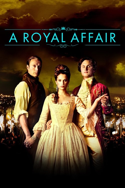 The poster features a dramatic scene with three elegantly dressed characters against a stormy, golden sky. The central woman in a flowing white gown stands out, flanked by two men in period-appropriate attire. The warm, rich colors evoke a sense of romance and historical drama, capturing the esse...
