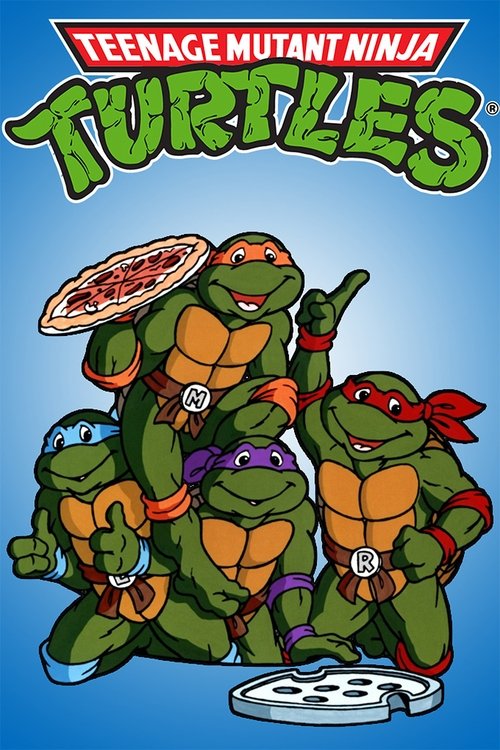 The poster features four Teenage Mutant Ninja Turtles in dynamic poses against a vibrant blue background. Each character wears their signature orange, purple, red, and blue masks, with their respective NINJA LINES (M, R, L, S) displayed on their chests. The turtles are depicted with confident exp...