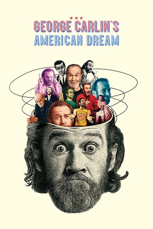The poster features a large, expressive face with a beard, surrounded by colorful figures in various outfits, suggesting a humorous and chaotic atmosphere. The vibrant colors and exaggerated expressions evoke a sense of whimsical comedy, capturing the essence of George Carlin's unique comedic style.