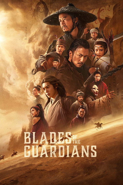 This movie poster depicts a dramatic desert scene with a group of rugged warriors in traditional attire, exuding a sense of camaraderie and resilience. The warm, earthy tones of the desert background, combined with the dark, moody lighting, create a gritty and intense atmosphere. The title "Blade...