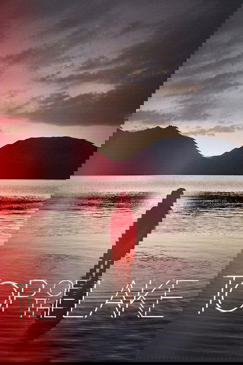 The poster features a solitary figure in a vibrant red silhouette standing on the edge of a calm lake, with a serene sunset sky above. The tranquil water reflects the warm hues of the sky, creating a peaceful and contemplative mood.